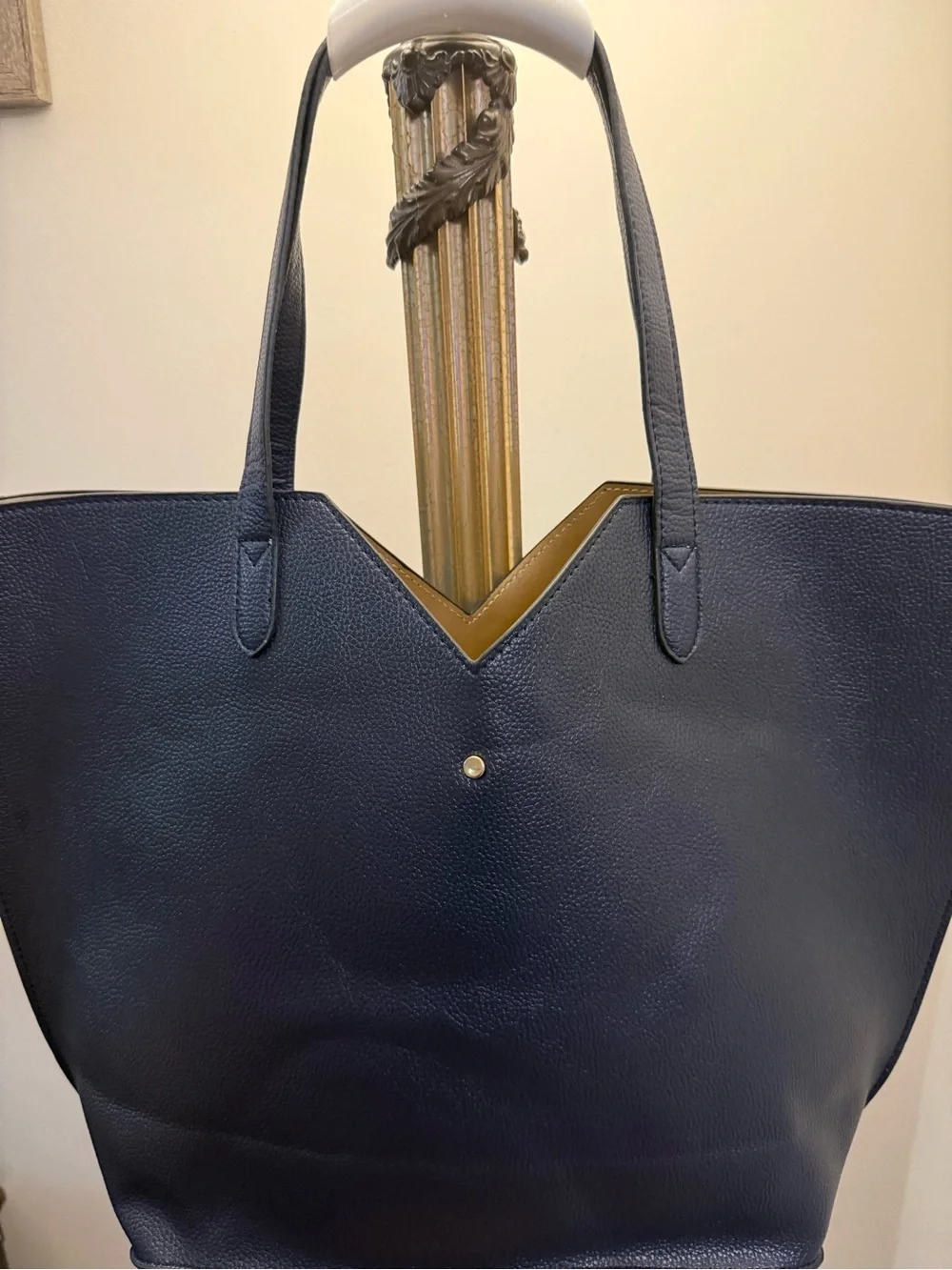 Neiman Marcus Navy Textured Leather Tote with Gold Trim